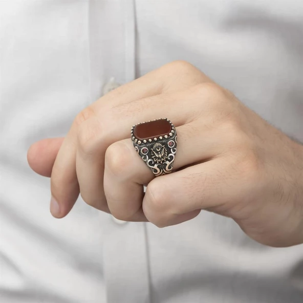 Osmanlı Devleti Armalı Akik Taşlı 925 Gümüş Erkek Yüzük - Resim 6