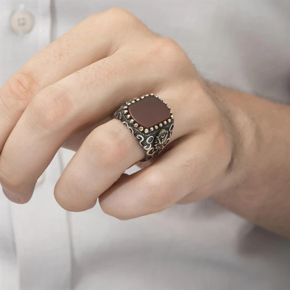 Osmanlı Devleti Armalı Akik Taşlı 925 Gümüş Erkek Yüzük - Resim 9