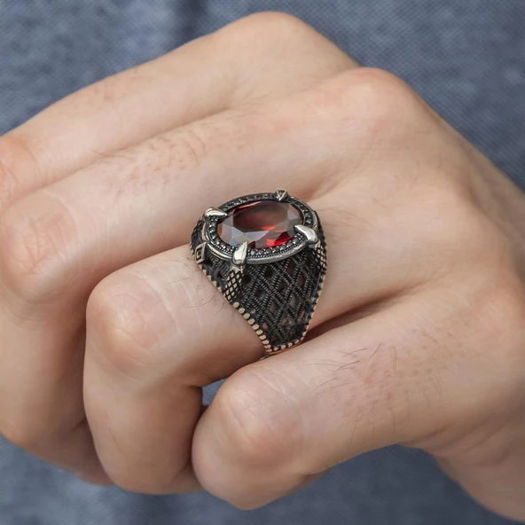 Kırmızı Taşlı Pençeli 925 Gümüş Erkek Yüzük - 9