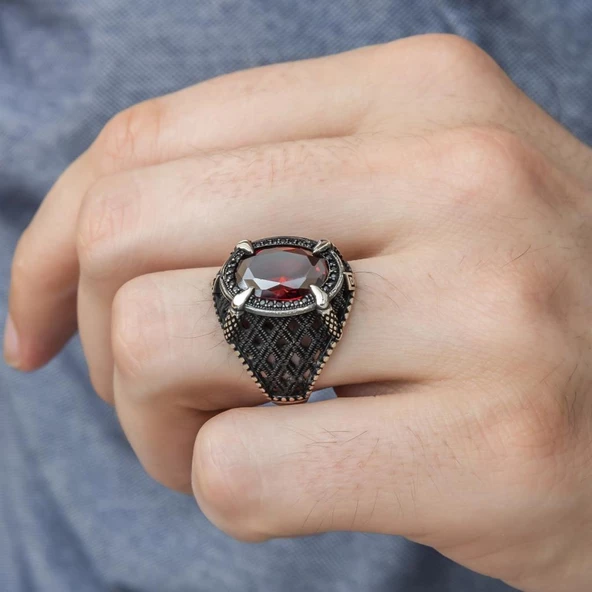 Kırmızı Taşlı Pençeli 925 Gümüş Erkek Yüzük - 12