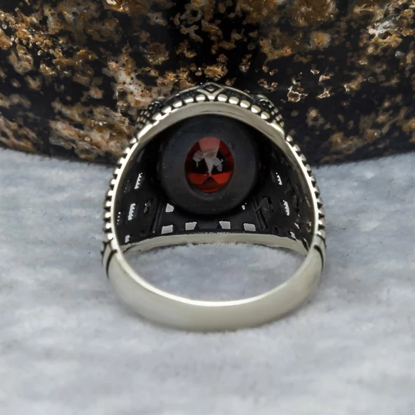 Kırmızı Taşlı Pençeli 925 Gümüş Erkek Yüzük - 7