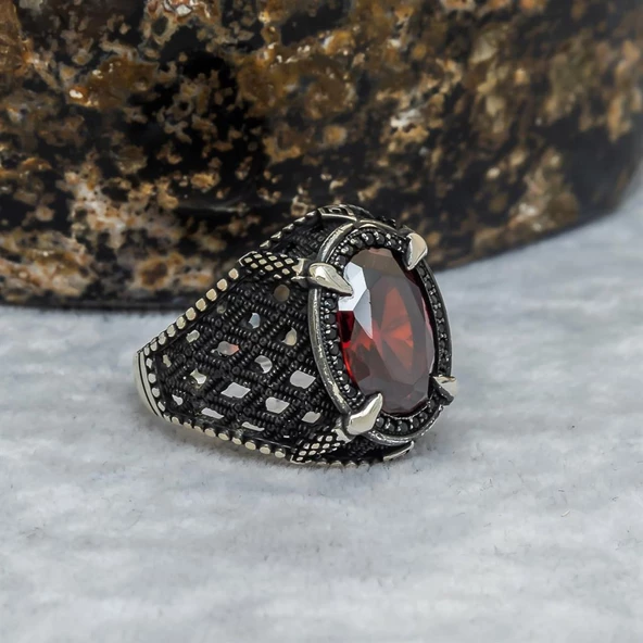 Kırmızı Taşlı Pençeli 925 Gümüş Erkek Yüzük - 6