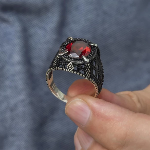 Kırmızı Taşlı Pençeli 925 Gümüş Erkek Yüzük - 3