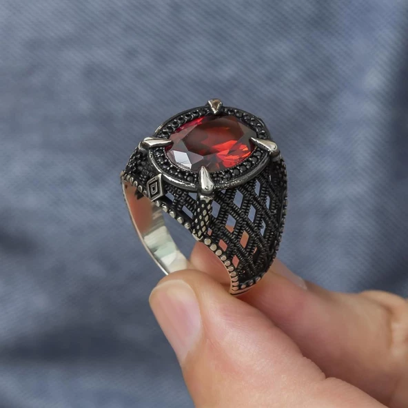 Kırmızı Taşlı Pençeli 925 Gümüş Erkek Yüzük - 4