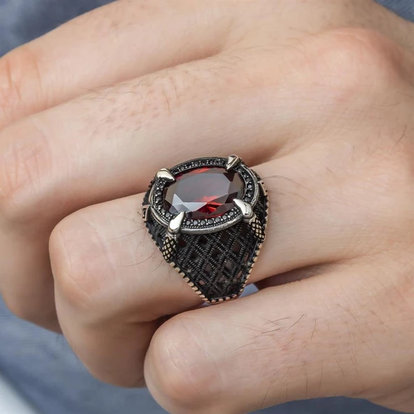 Kırmızı Taşlı Pençeli 925 Gümüş Erkek Yüzük - 11