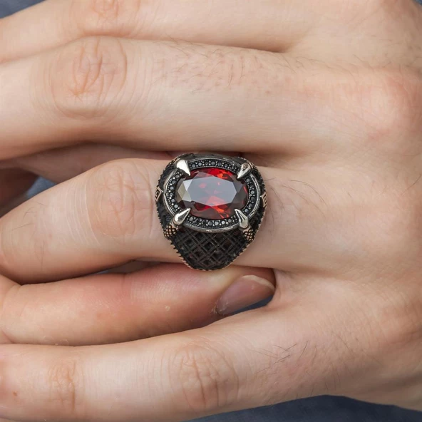 Kırmızı Taşlı Pençeli 925 Gümüş Erkek Yüzük - 2
