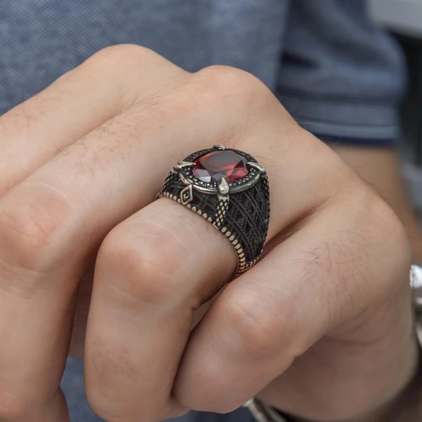 Kırmızı Taşlı Pençeli 925 Gümüş Erkek Yüzük - 10