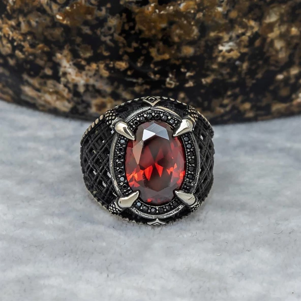 Kırmızı Taşlı Pençeli 925 Gümüş Erkek Yüzük - 5