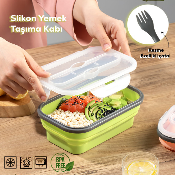 Porsima 76260 Silikon Katlanabilir Saklama & Yemek Kabı - Kilitli Kapaklı Çok Amaçlı Saklama Kabı - Yeşil