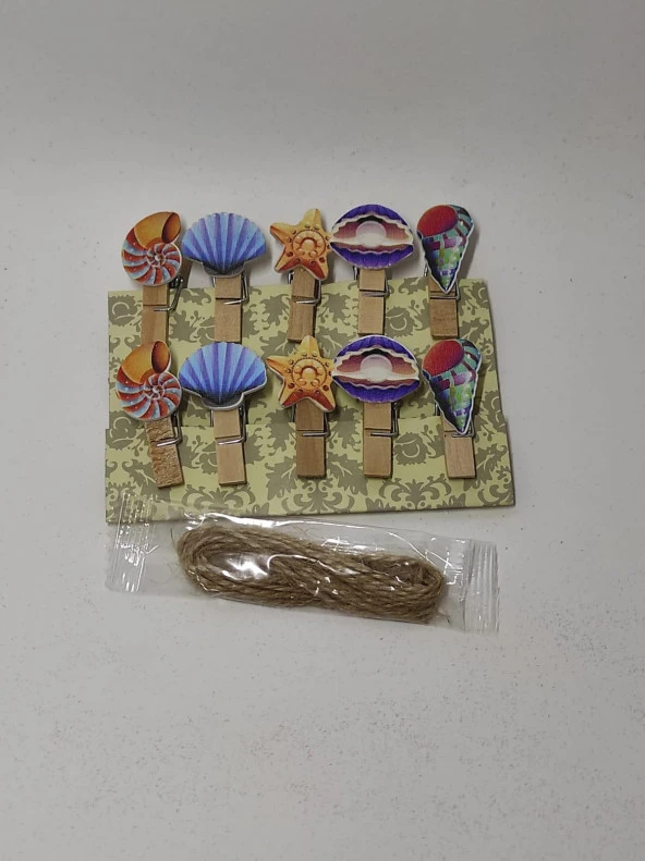 Mini Mandal 10 lu Ahşap Tasarımlı Dekoratif Fotoğraf Mandalı İp Hediyeli - 3