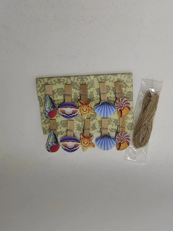 Mini Mandal 10 lu Ahşap Tasarımlı Dekoratif Fotoğraf Mandalı İp Hediyeli - 4