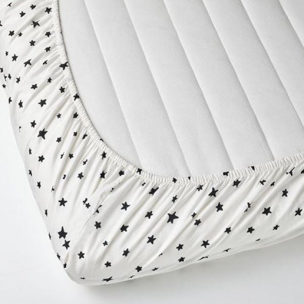Çocuk Odası Lastikli Çarşaf 90x200 cm Ikea Beyaz-Siyah Yıldız Desenli MeridyenDukkan Pamuklu - 2