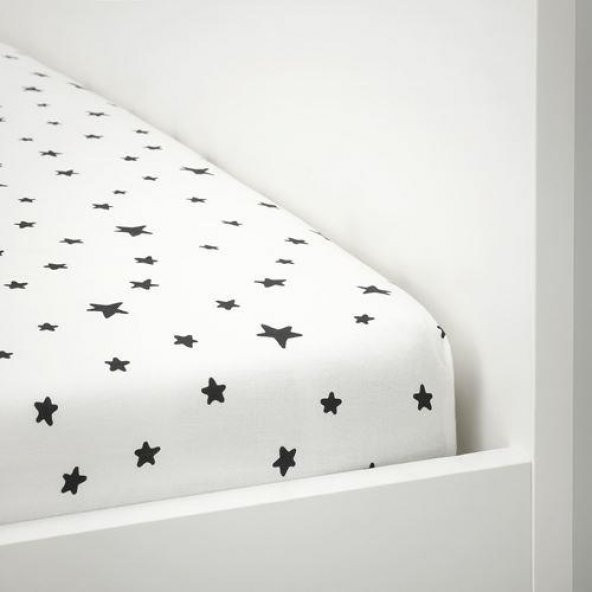 Çocuk Odası Lastikli Çarşaf 90x200 cm Ikea Beyaz-Siyah Yıldız Desenli MeridyenDukkan Pamuklu - 4
