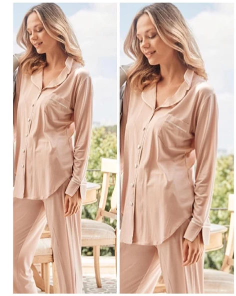 Bone Club 5126 Pudra Noktalı Önden Düğmeli Lohusa Pijama Tk - 3