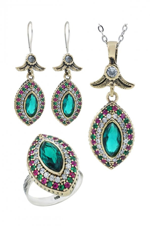 Midyat Serisi Açık Akua Renkli Taşlı Otantik Gümüş Üçlü Kadın Seti ürün görseli