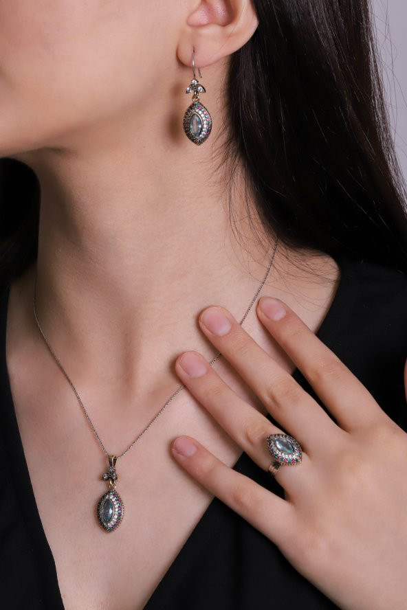 Midyat Serisi Açık Akua Renkli Taşlı Otantik Gümüş Üçlü Kadın Seti - Resim 2