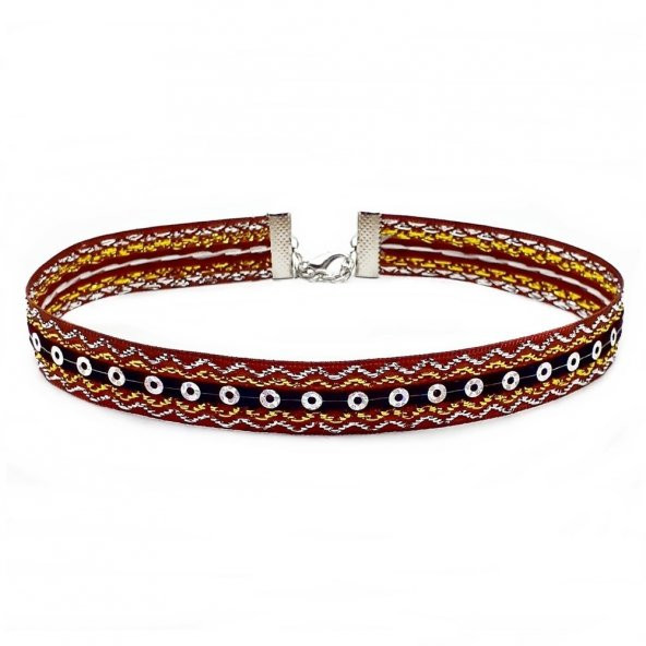 Sarı-Beyaz Simli Kahverengi Kadın Choker Tasma Kolye