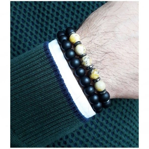 Zebercet - Oniks - Hematit Doğal Taş Erkek Bileklik