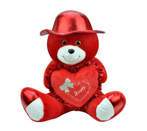 Şapkalı Ayı 40 cm Kırmızı Kalpli Pelüş Ayı Sevgiliye Hediye