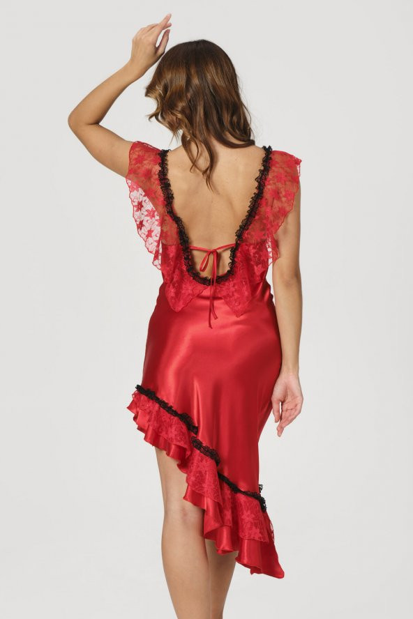 Kırmızı Evening Gown Saten Gecelik - 3