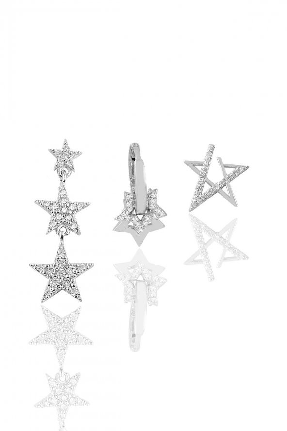 gümüş rodyumlu zirkon taşlı  yıldızlar kombin üçlü küpe seti
