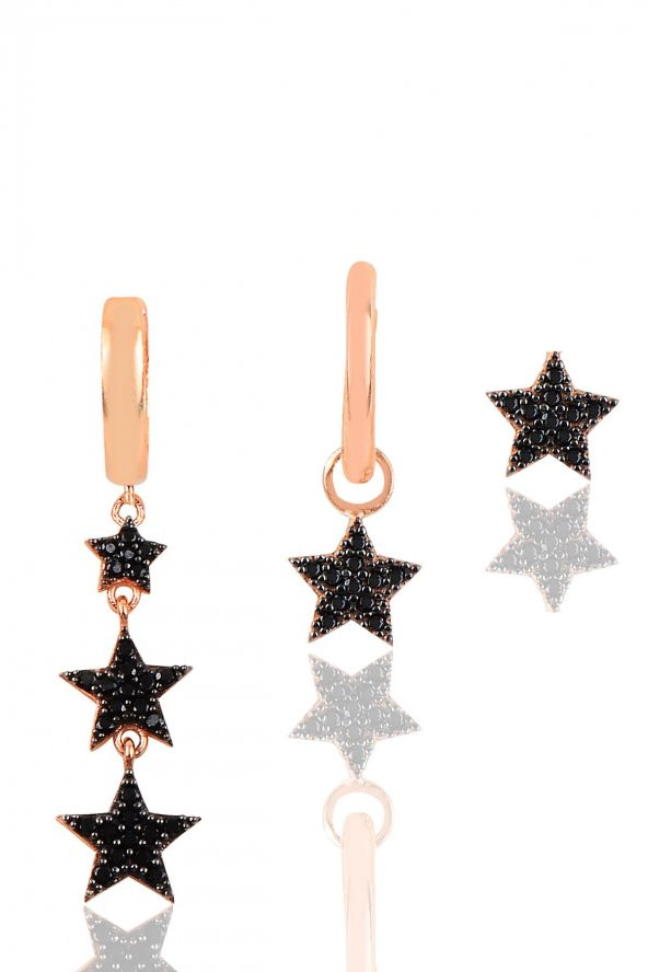 Gümüş rose siyah taşlı  yıldızlar kombin üçlü küpe seti ürün görseli 1