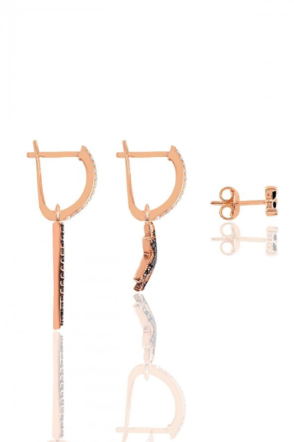 Gümüş rose onix taşlı piramit Kombin Üçlü Küpe Seti - 2