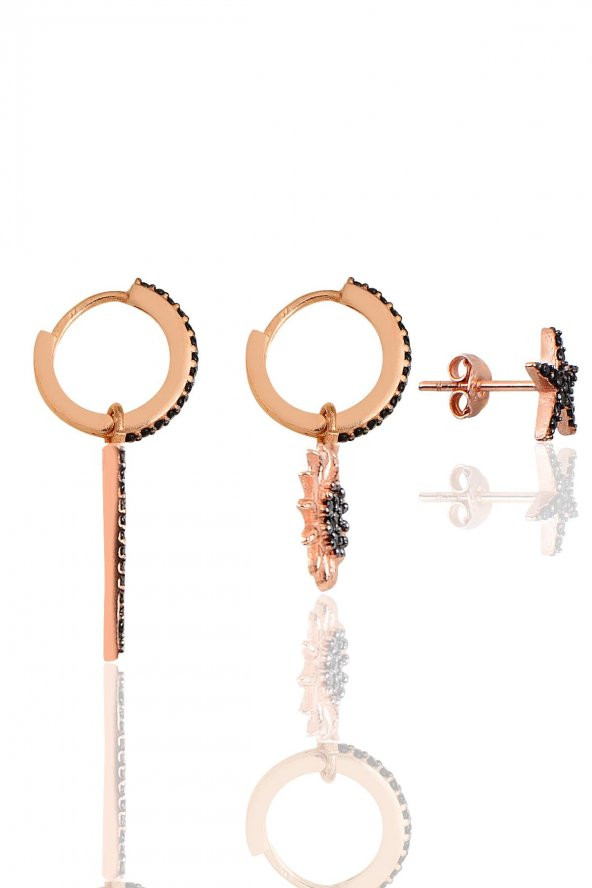 Gümüş rose onix taşlı piramit Kombin Üçlü Küpe Seti - 2