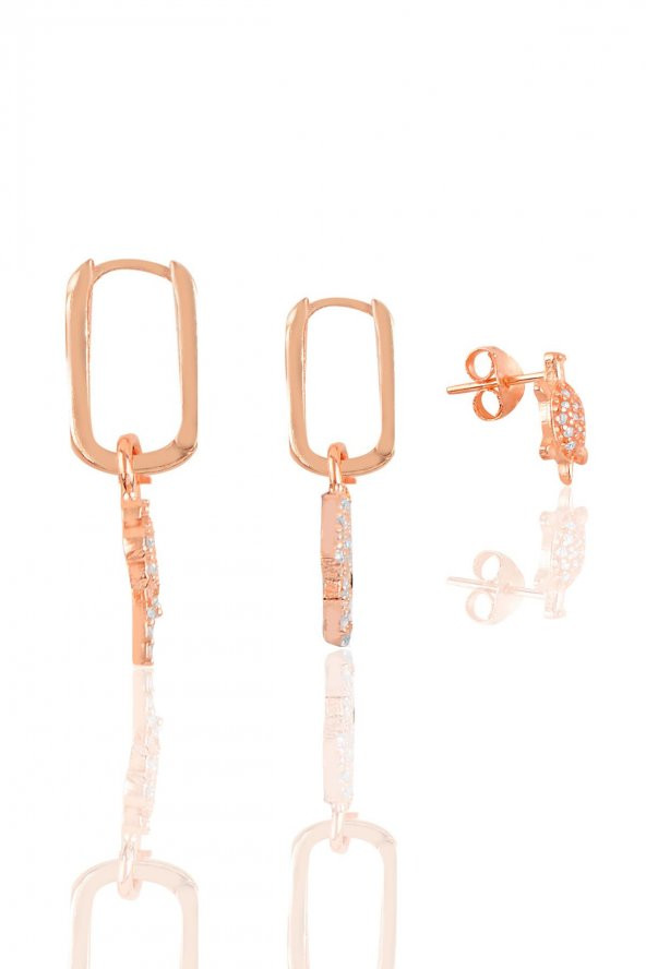 Gümüş rose zirkon taşlı  Kombin Üçlü Küpe Seti - Resim 2