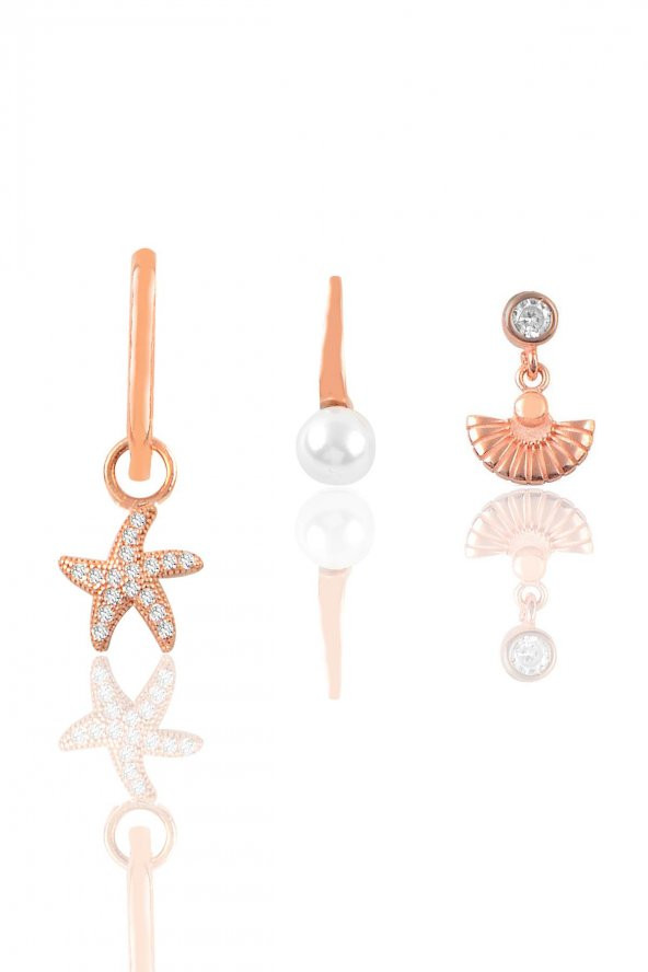 Gümüş Rose Zirkon Taşlı Deniz Kombin Üçlü Küpe Seti - 1