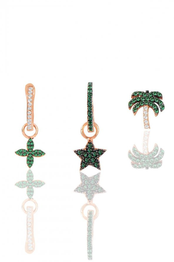 Gümüş rose yeşil taşlı yıldız yonca ve palmiye Kombin Üçlü Küpe Seti ürün görseli