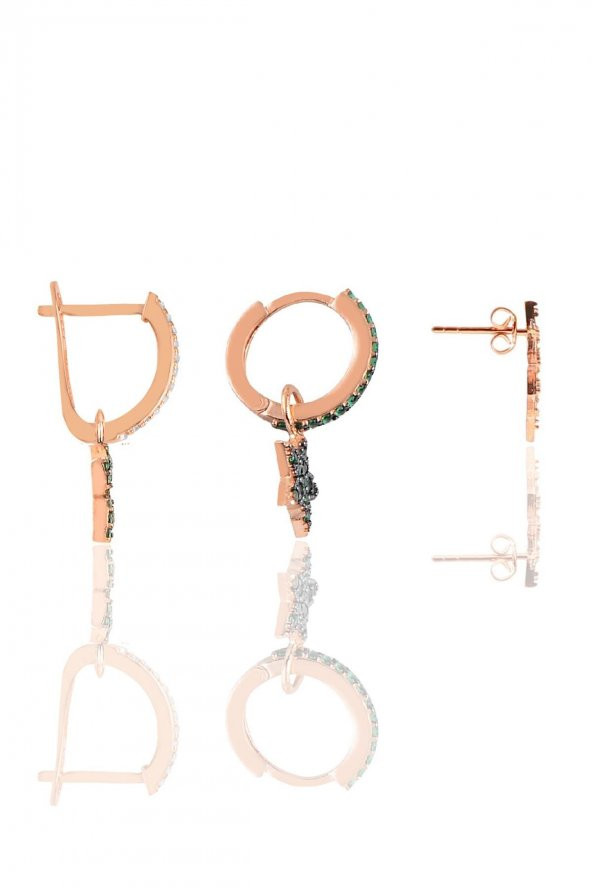 Gümüş rose yeşil taşlı yıldız yonca ve palmiye Kombin Üçlü Küpe Seti - Resim 2