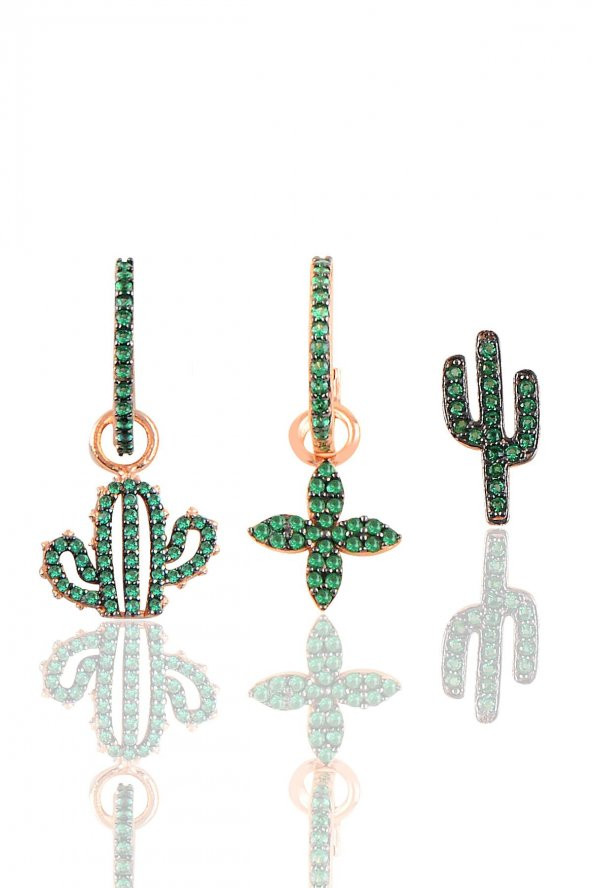 Gümüş rose yeşil taşlı yonca ve kaktüslü Kombin Üçlü Küpe Seti ürün görseli