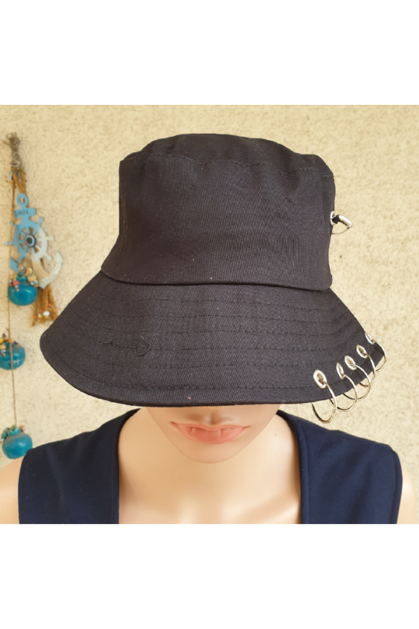 Siyah Piercingli, Çengelli İğneli Balıkçı Bucket Şapka - 2