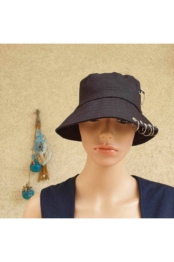 Siyah Piercingli, Çengelli İğneli Balıkçı Bucket Şapka - 5