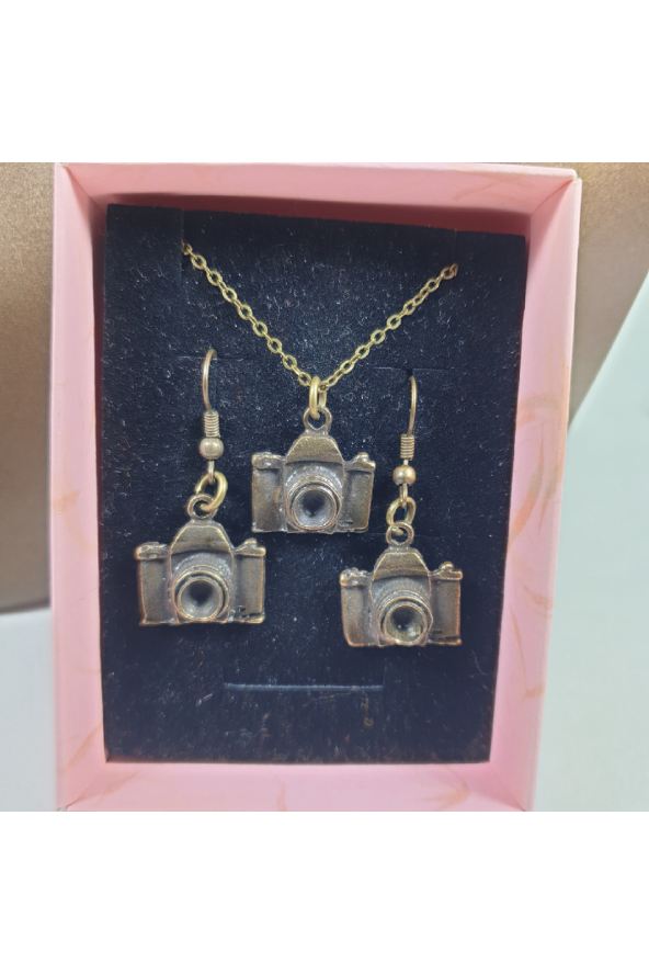 Bronz Renk 20mm Fotoğraf Makinesi Figürlü Kolye ve Küpe Seti - 2