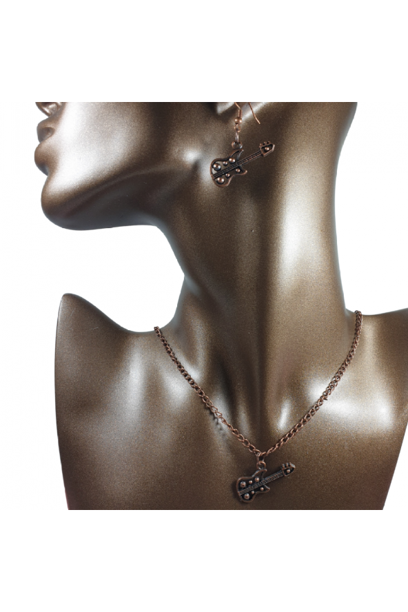 Bakır Renk 25mm Gitar Figürlü Kolye ve Küpe Seti ürün görseli