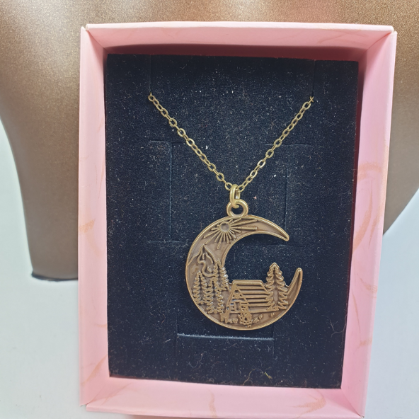 Bronz Renk 30mm Cottagecore Dağ Evi Figürlü Kolye - 1