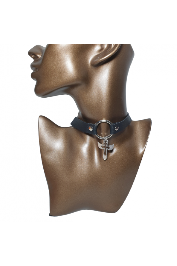 Halkalı Melekli Haç Figürlü Gotik Suni Deri Choker - 1