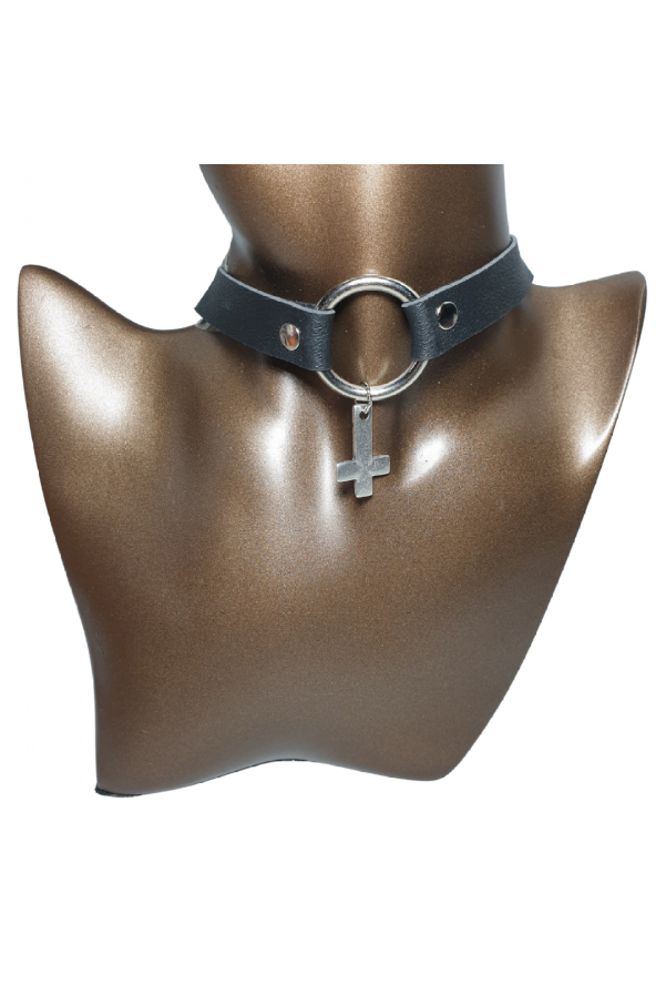 Halkalı Haç Figürlü Gotik Suni Deri Choker - 2