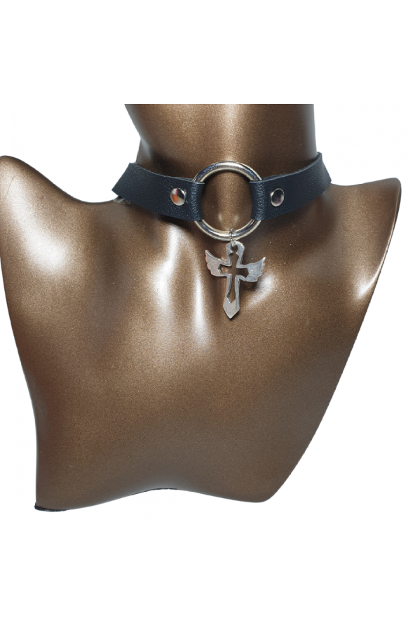 Halkalı Melekli Haç Figürlü Gotik Suni Deri Choker - 2
