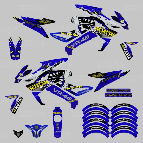 Bajaj Pulsar 200 NS VR46 Rossi Shark Sticker Set Mavi - 2