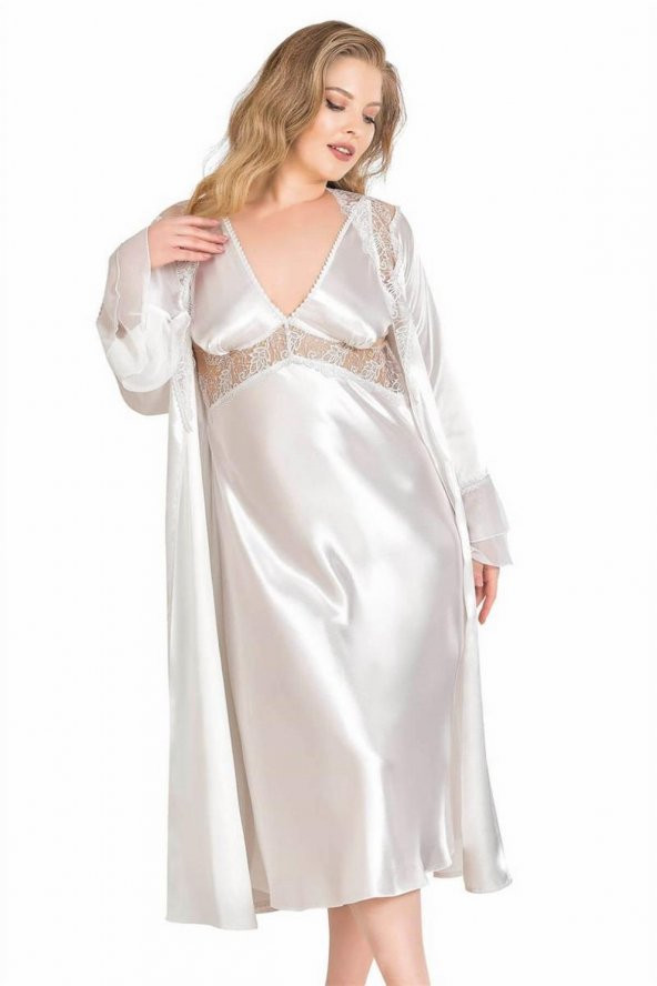 Günkar Büyük Beden Ekru Uzun İkili Saten Sabahlık Gecelik Takımı - 3