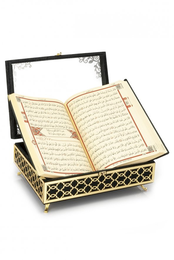 Şeffaf Pleksili Kadife Kaplı Sandıklı Çeyizlik Kuranı Kerim Seti -  Siyah - 3