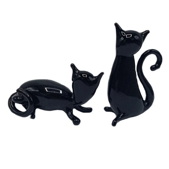 Murano Cam İkili Kara Kedi Dekoratif Biblo - Resim 2