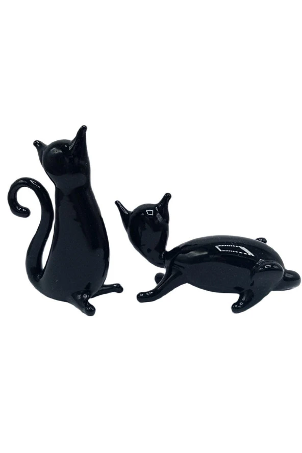 Murano Cam İkili Kara Kedi Dekoratif Biblo - Resim 8