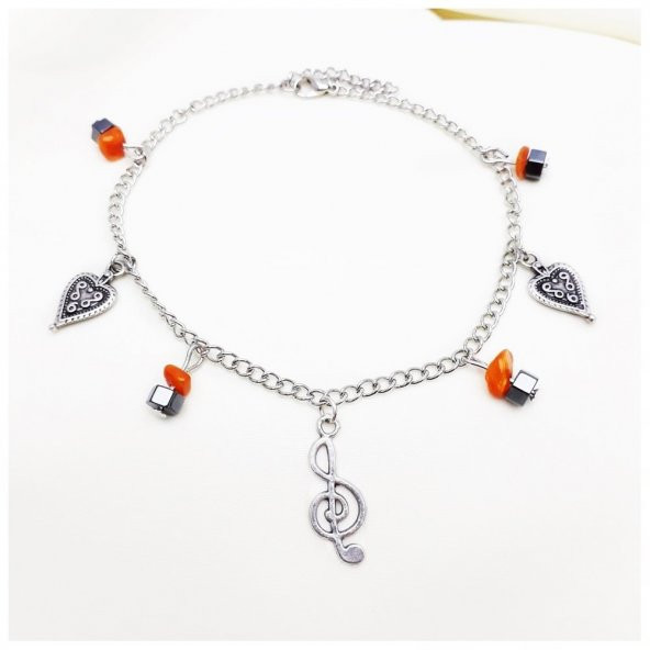 Sedef - Hematit Doğal Taş Sol Anahtarı Halhal