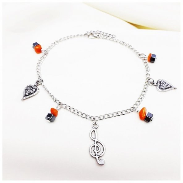 Sedef - Hematit Doğal Taş Sol Anahtarı Halhal - 4