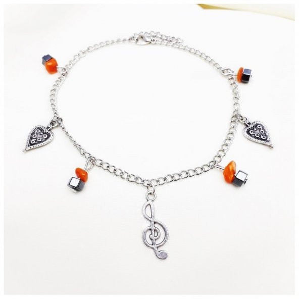 Sedef - Hematit Doğal Taş Sol Anahtarı Halhal - 5