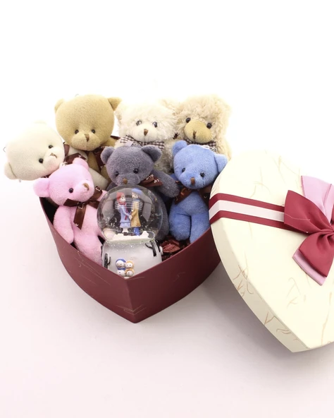 7 Mini Ayıcık Hediye Kutusu Sevgiliye Özel Kalp Kutu İçinde Kış Masalı Kar Küresi - 2